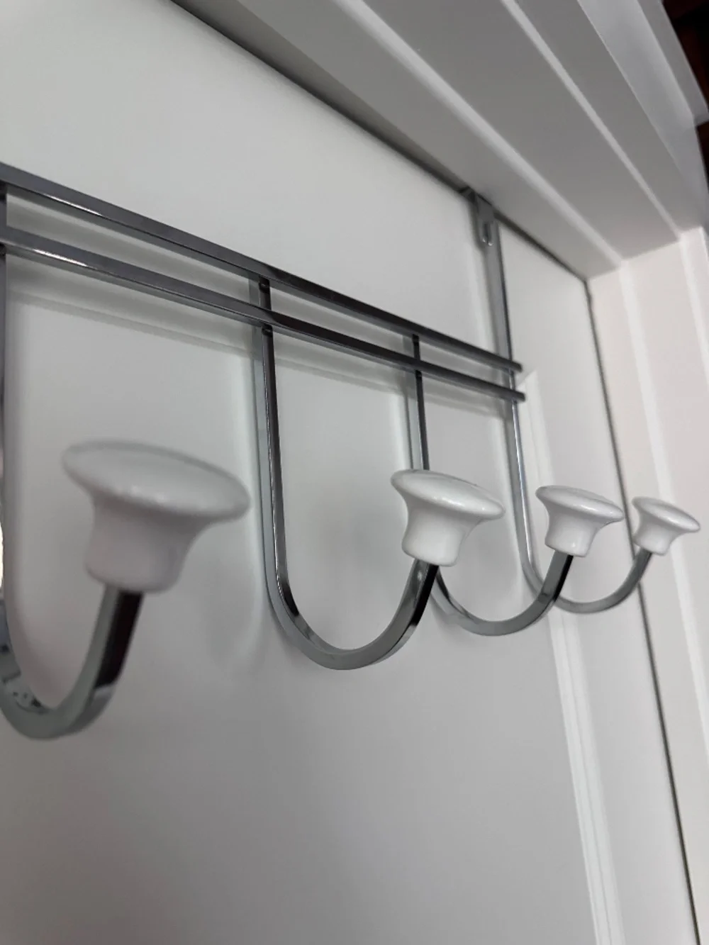 Container Store: Chrome 5-Hook Over-the-Door Rack with White Ceramic Knobs